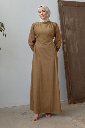 Kuşaklı Kadife Elbise - Yağ Yeşili