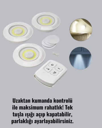 Çok Amaçlı Kullanım İçin Kablosuz Yapışkanlı 3 Lü Uzaktan Kumandalı Led Spot Lamba