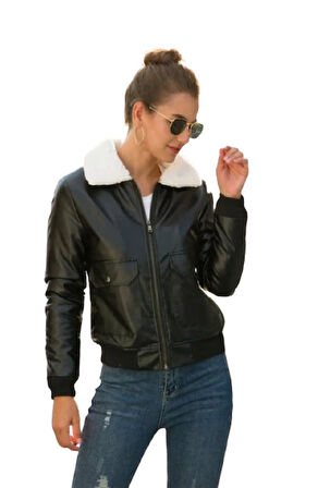 Hakiki Kuzu Derisi Tam Pat Fermuarlı Kürklü Kadın Mont