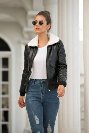 Hakiki Kuzu Derisi Tam Pat Fermuarlı Kürklü Kadın Mont