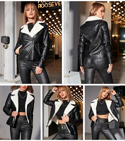 Hakiki Kuzu Derisi Biker Kürklü Kadın Mont