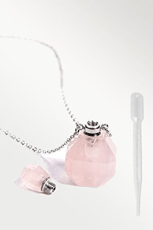 Sertifikalı Parfüm Şişe Tasarımlı Pembe Kuvars Taşı Kolye - Gümüş Aparat