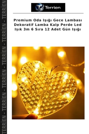Premium Oda Işığı Gece Lambası Dekoratif Lamba Kalp Perde Led Işık 3m 6 Sıra 12 Adet Gün Işığı