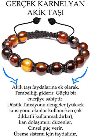 Sertifikalı Siyah - Kızıl Karnelyan - Karneol Akik Taşı Bileklik - Makrome