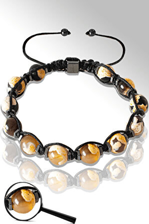 Sertifikalı Hematitli Beyaz Kahverengi Akik Taşı Bileklik - Tibet Akiği