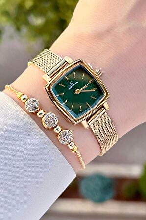 Daniel Klein DKISTE1221 Kadranı Yeşil Kordonu Gold Renk Hediye Paketli Kadın Kol Saati ve Bileklik
