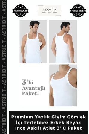 Premium Yazlık Giyim Gömlek İçi Terletmez Erkek Beyaz İnce Askılı Atlet 3'lü Paket