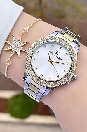 Daniel Klein DKISTE932 Premium Gold Gümüş Renk Taşlı Kadın Kol Saati ve Bileklik