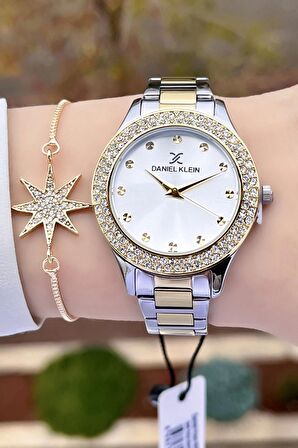 Daniel Klein DKISTE932 Premium Gold Gümüş Renk Taşlı Kadın Kol Saati ve Bileklik