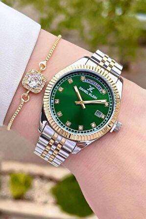 Daniel Klein DKISTE1085 Kadranı Yeşil Gold Gümüş Renk Hediye Paketli Takvimli Kadın Kol Saati ve Bileklik