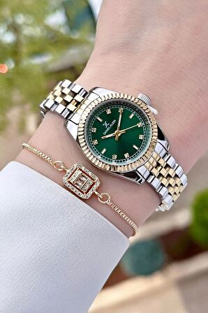 Daniel Klein DKISTE1086 Kadranı Yeşil Gold Gümüş Renk Hediye Paketli Takvimli Kadın Kol Saati ve Bileklik