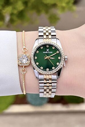 Daniel Klein DKISTE1183 Kadranı Yeşil Kordonu Gold Renk Hediye Paketli Kadın Kol Saati ve Bileklik