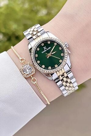 Daniel Klein DKISTE1183 Kadranı Yeşil Kordonu Gold Renk Hediye Paketli Kadın Kol Saati ve Bileklik