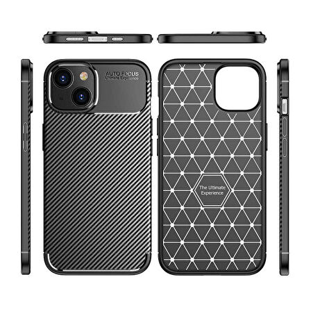 Vendas iPhone 14 Plus Uyumlu Karbon Fiber Tasarımlı Kamera Çıkıntılı Darbe Dirençli Kılıf + 5D Cam Ekran Koruyucu