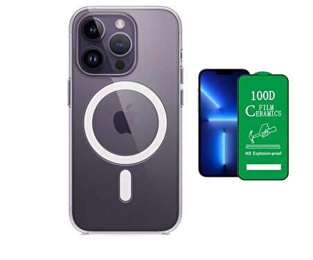 Vendas iPhone 14 Pro Max Uyumlu (14 Pro Max) Magsafe Şarj Destekli Darbe Dirençli Fit Hard Silikon Kılıf + Seramik Nano Ekran Koruyucu