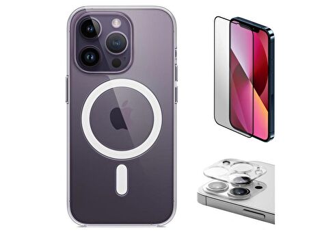 Vendas iPhone 14 Pro Uyumlu (14 Pro) Magsafe Şarj Destekli Darbe Dirençli Fit Hard Silikon Kılıf + Kamera Lens + Cam Ekran Koruyucu