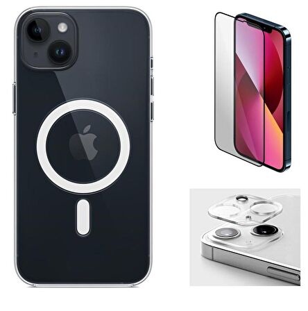 Vendas iPhone 14 Plus Uyumlu (14 Plus) Magsafe Şarj Destekli Darbe Dirençli Fit Hard Silikon Kılıf + Kamera Lens + Cam Ekran Koruyucu