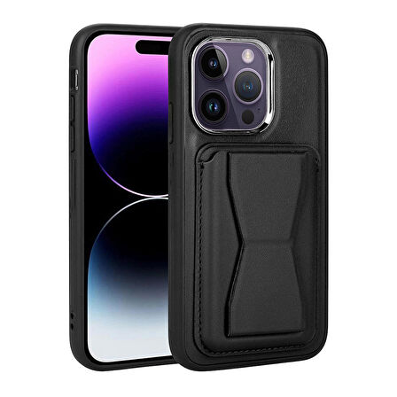 Vendas iPhone 14 Pro Uyumlu (14 Pro) Kartlıklı Standlı Silikon Kenarlı Metal Kamera çerçeveli Pu Deri Kılıf