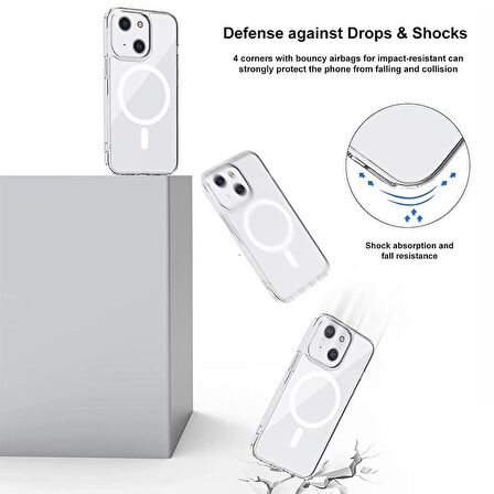 Vendas iPhone 14 Uyumlu Magsafe Özellikli Shock Proof Şeffaf Silikon Kılıf + Cam Ekran Koruyucu