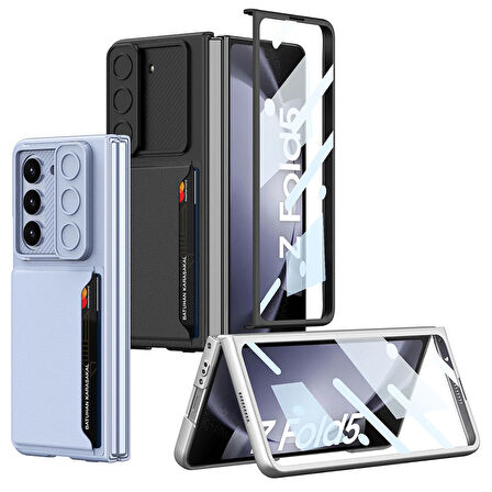 Vendas Samsung Galaxy Z Fold 5 Uyumlu Suni Deri Arka Yüzey Sürgülü Kamera Korumalı Kartlıklı Kıpta Silikon Kılıf