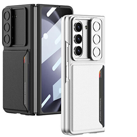 Vendas Samsung Galaxy Z Fold 5 Uyumlu Suni Deri Arka Yüzey Sürgülü Kamera Korumalı Kartlıklı Kıpta Silikon Kılıf
