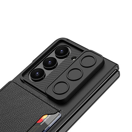 Vendas Samsung Galaxy Z Fold 5 Uyumlu Suni Deri Arka Yüzey Sürgülü Kamera Korumalı Kartlıklı Kıpta Silikon Kılıf