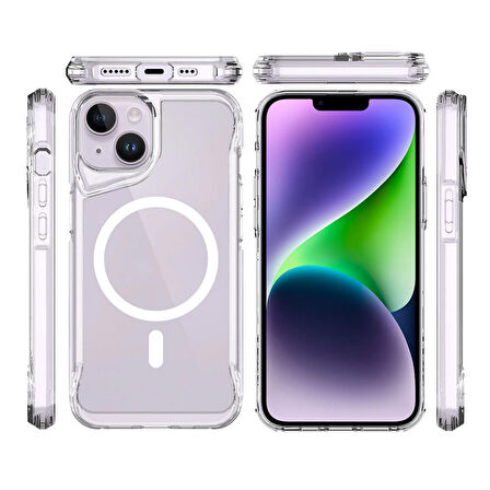Vendas iPhone 14 Plus Uyumlu (14 Plus) Door Serisi Magsafe Destekli Darbe Direçli Elektroplated Şeffaf T-Max Kılıf