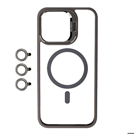 Vendas iPhone 15 Pro Kılıf Magsafe Wireless Şarj Özellikli Standlı Zore Magsafe Klon Lensli Kapak