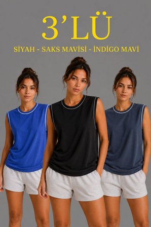 Kadın Konfor Modeli Oversize Kolsuz Terletmeyen Penye Kumaş Bisiklet Yaka 3'lü Sporcu Atlet Seti
