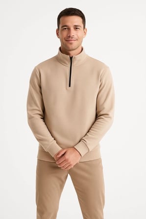 Erkek Dik Yaka Yarım Fermuarlı Şardonlu Sweatshirt 3 İplik Pamuklu Bej