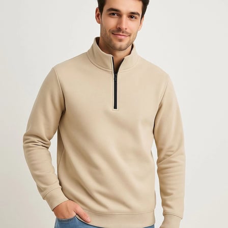 Erkek Dik Yaka Yarım Fermuarlı Şardonlu Sweatshirt 3 İplik Pamuklu Bej