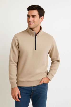 Erkek Dik Yaka Yarım Fermuarlı Şardonlu Sweatshirt 3 İplik Pamuklu Bej