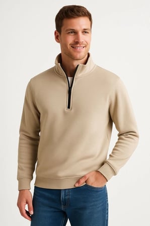 Erkek Dik Yaka Yarım Fermuarlı Şardonlu Sweatshirt 3 İplik Pamuklu Bej