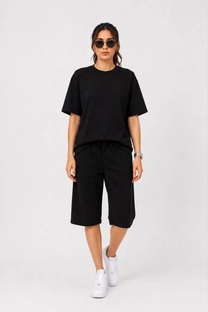 İki İplik Örme Kumaş Bisiklet Yaka Oversize T-shirt Cepli Diz Altı Şort Kapri Alt Üst İkili Takım