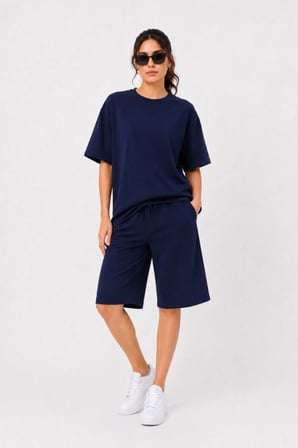İki İplik Örme Kumaş Bisiklet Yaka Oversize T-shirt Cepli Diz Altı Şort Kapri Alt Üst İkili Takım