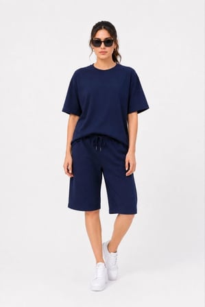 İki İplik Örme Kumaş Bisiklet Yaka Oversize T-shirt Cepli Diz Altı Şort Kapri Alt Üst İkili Takım