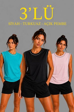 Kadın Konfor Modeli Oversize Kolsuz Terletmeyen Penye Kumaş Bisiklet Yaka 3'lü Sporcu Atlet Seti