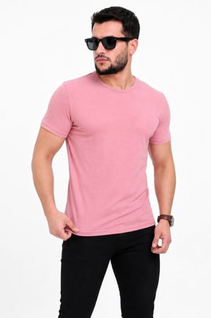 Erkek Bisiklet Yaka Kısa Kollu Esnek Penye Kumaş Slim Fit Spor Ve Günlük T-shirt Pembe