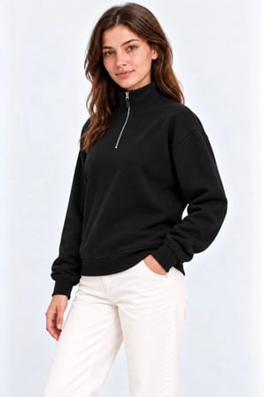 Kadın Üç İplik Pamuklu Penye İçi Şardonlu Dik Yaka Yarım Fermuarlı Kalın Kışlık Sweatshirt