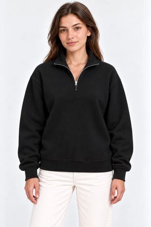 Kadın Üç İplik Pamuklu Penye İçi Şardonlu Dik Yaka Yarım Fermuarlı Kalın Kışlık Sweatshirt