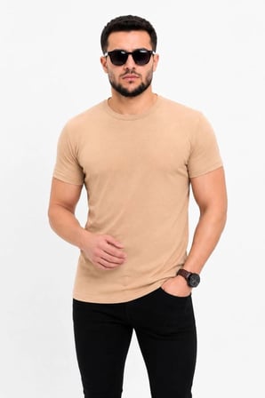 Erkek Bisiklet Yaka Kısa Kollu Esnek Penye Kumaş Slim Fit Spor Ve Günlük T-shirt Bej