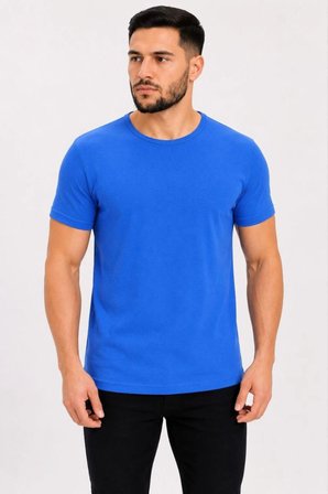 Erkek Bisiklet Yaka Kısa Kollu Esnek Penye Kumaş Slim Fit Spor Ve Günlük T-shirt Saks Mavisi