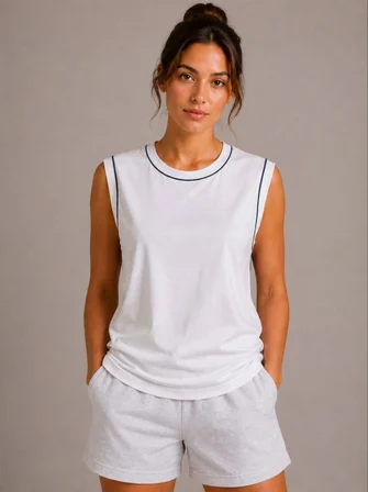 Kadın Konfor Modeli Oversize Kolsuz Terletmeyen Penye Kumaş Bisiklet Yaka 3'lü Sporcu Atlet Seti