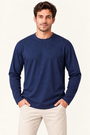 Erkek Modal Kumaş Yumuşak Dokulu Bisiklet Yaka Uzun Kollu 4 Mevsim Basic Sweatshirt Lacivert