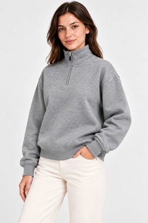 Kadın Üç İplik Pamuklu Penye İçi Şardonlu Dik Yaka Yarım Fermuarlı Kalın Kışlık Sweatshirt