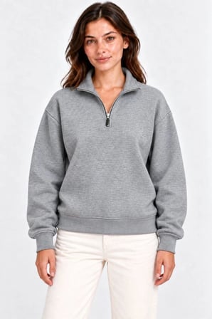 Kadın Üç İplik Pamuklu Penye İçi Şardonlu Dik Yaka Yarım Fermuarlı Kalın Kışlık Sweatshirt