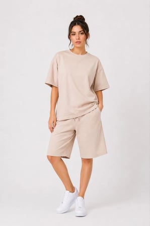 İki İplik Örme Kumaş Bisiklet Yaka Oversize T-shirt Cepli Diz Altı Şort Kapri Alt Üst İkili Takım