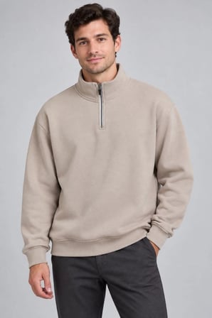 Erkek Üç İplik Şardonlu İçi Yünlü Dik Yaka Yarım Fermuarlı Kalın Kışlık Bej Sweatshirt