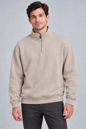 Erkek Üç İplik Şardonlu İçi Yünlü Dik Yaka Yarım Fermuarlı Kalın Kışlık Bej Sweatshirt