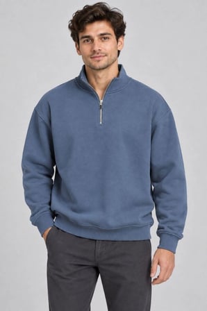 Erkek Üç İplik İçi Şardonlu İçi Yünlü Dik Yaka Yarım Fermuarlı Kalın Kışlık Mavi Sweatshirt